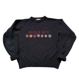 VINTAGE BUGLE BOY BLACK CREWNECK SWEATER MULTICOLORED EMBROIDERED LOGO CRESTS